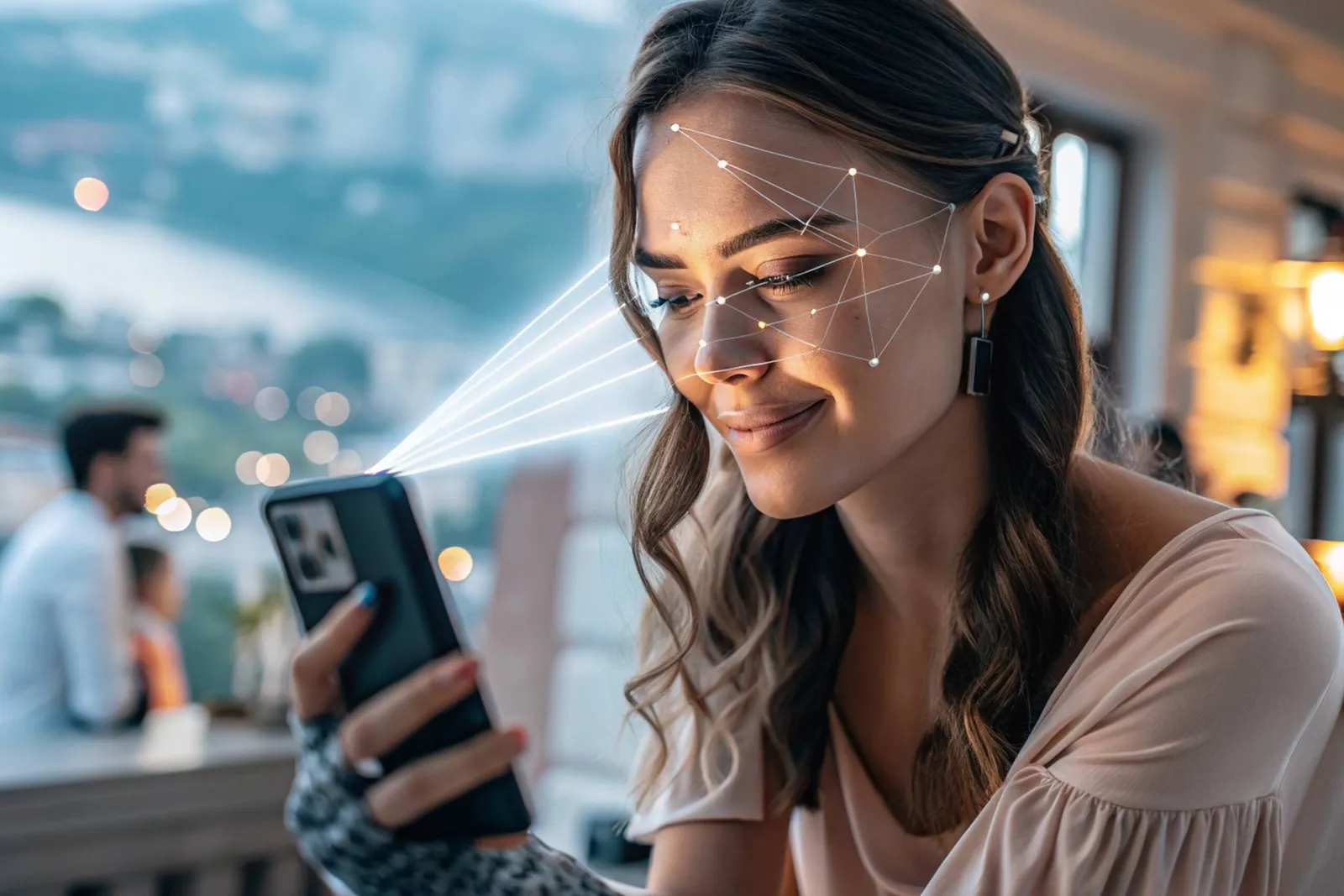A card member connecting with The Realm on her phone, concept art