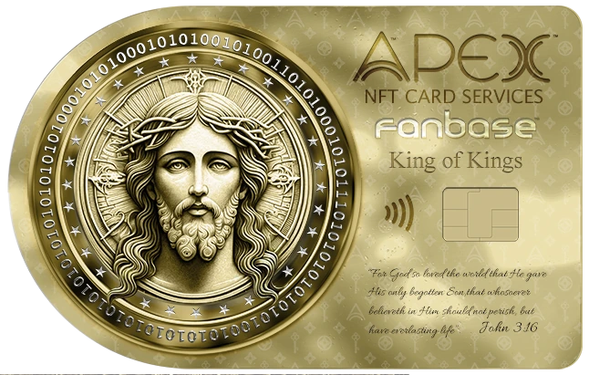 Apex NFT Card, Kingdom Cove King of Kings edition: a gold Byzantine-style portrait of Christ, with John 3:16 on the face of the card